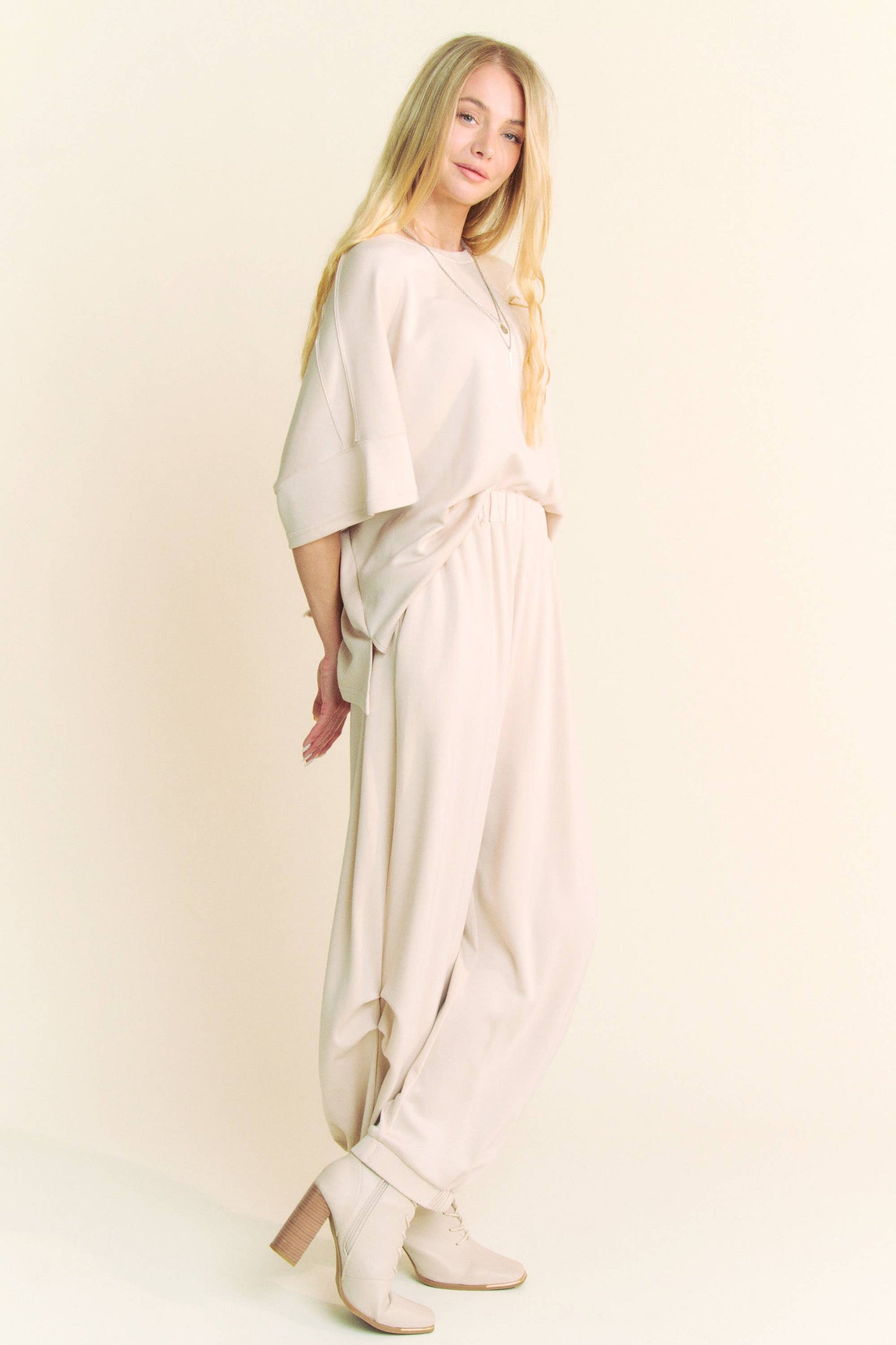Black SOLID FLOWY TOP WITH ELASTIC WAIST BAND PANTS SET