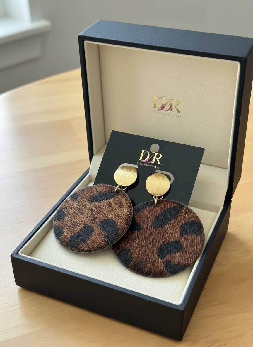 Cheetah Faux Fur Dangle Wood Earrings - Safari Jewelry