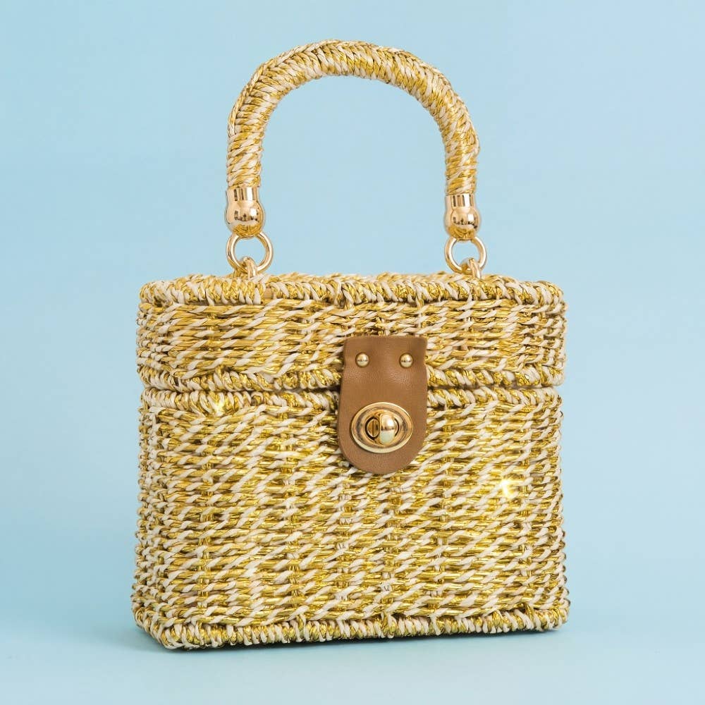 Metallic Woven Straw Top Handle Box Bag