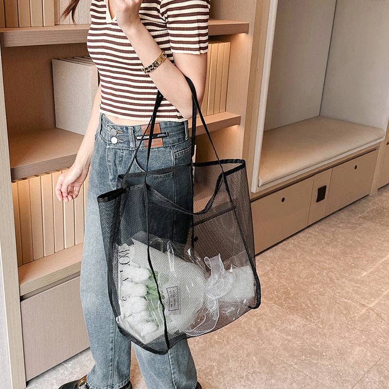 Trendy Transparent Mesh Tote Bag - Fashionable Lightweight Shoulder Bag