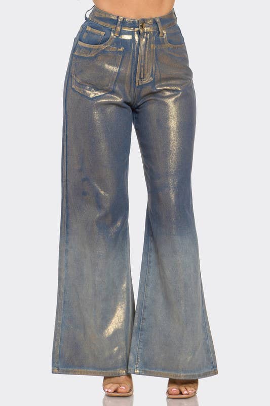 BCCPN44588 Metallic Shiny Gold Wide Jean - Sale