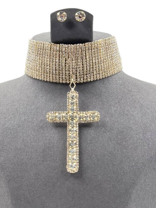 Rhinestone Cross Pendant Choker Necklace Set