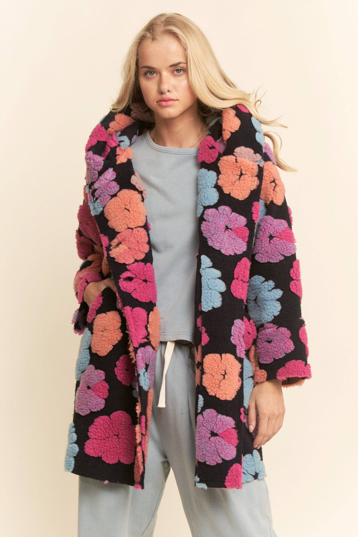 PLUS CHUNKY FLOWER EMBROIDERED HOODIE COAT JACKET