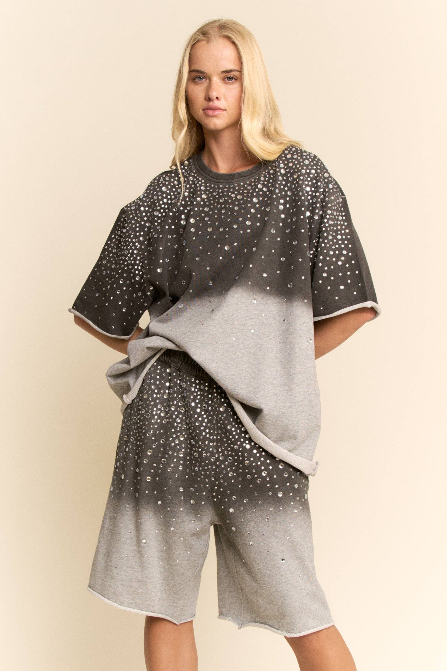Grey RHINESTONE OMBRE SWEATSHIRT AND SHORTS SET