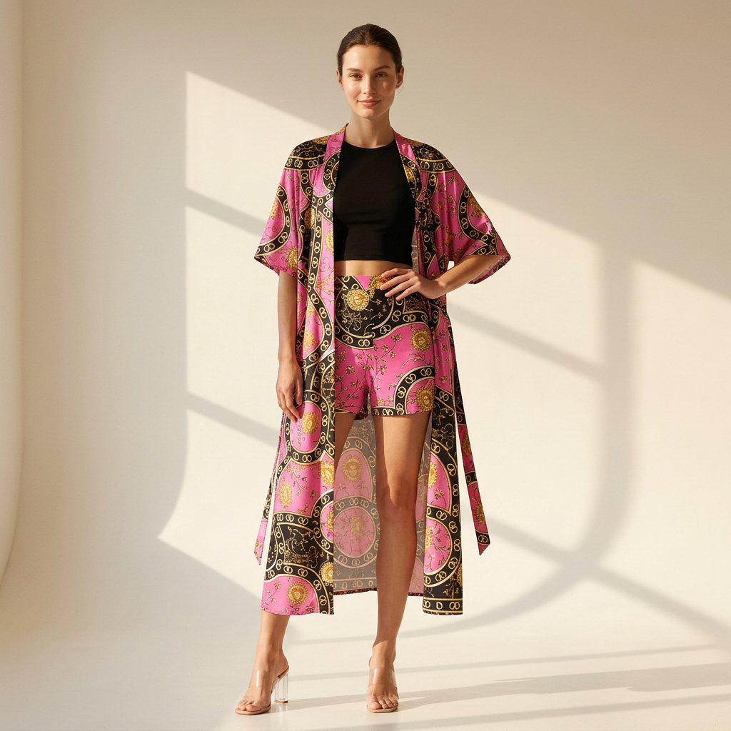 European-Inspired Cardigan Print Two-Piece Set