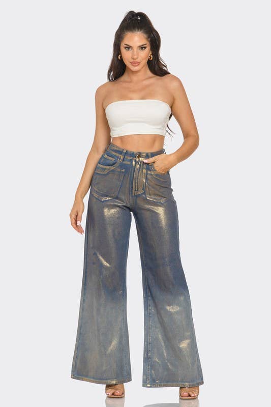 BCCPN44588 Metallic Shiny Gold Wide Jean - Sale