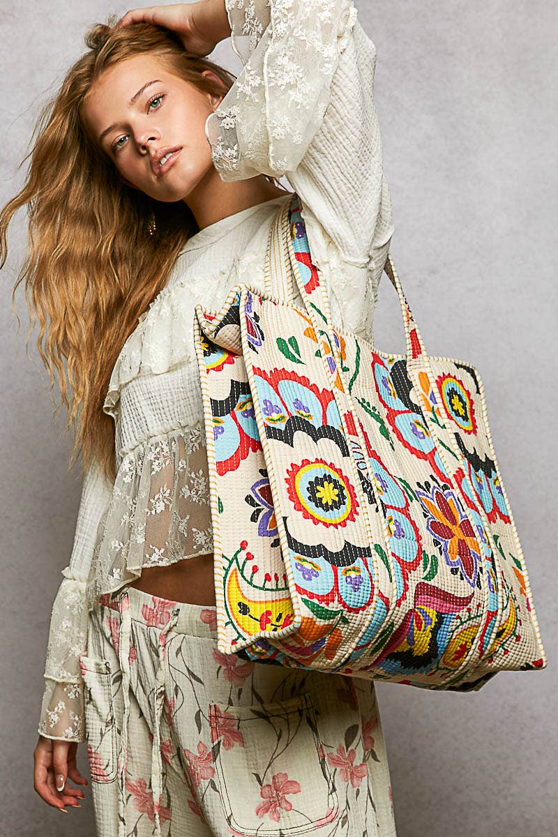 POL Printed Cream Tote Bag