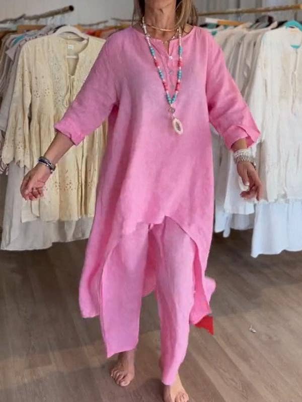 Casual Long Sleeve Cotton Linen Two-Piece Set for Women
