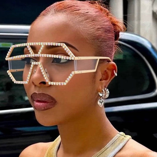 Geometric Large Frame Non-Polarized Sunglasses with Rhinestones