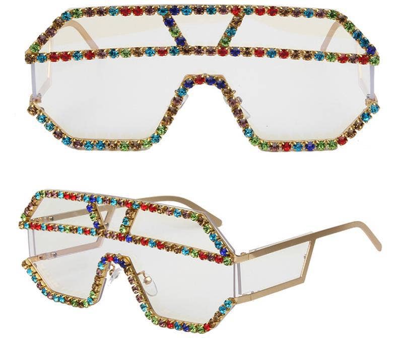Geometric Large Frame Non-Polarized Sunglasses with Rhinestones