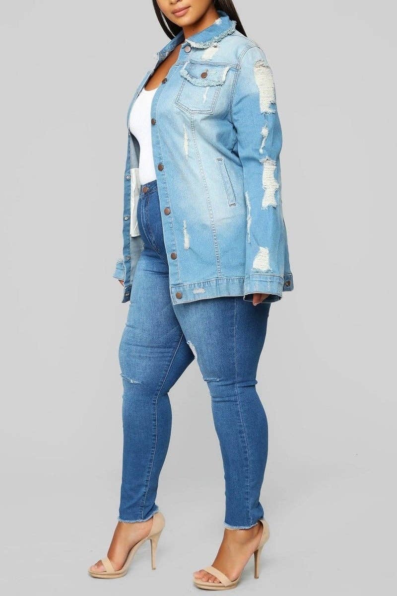 Plus Size Long Sleeve Medium Blue Vintage Washed Oversize Di
