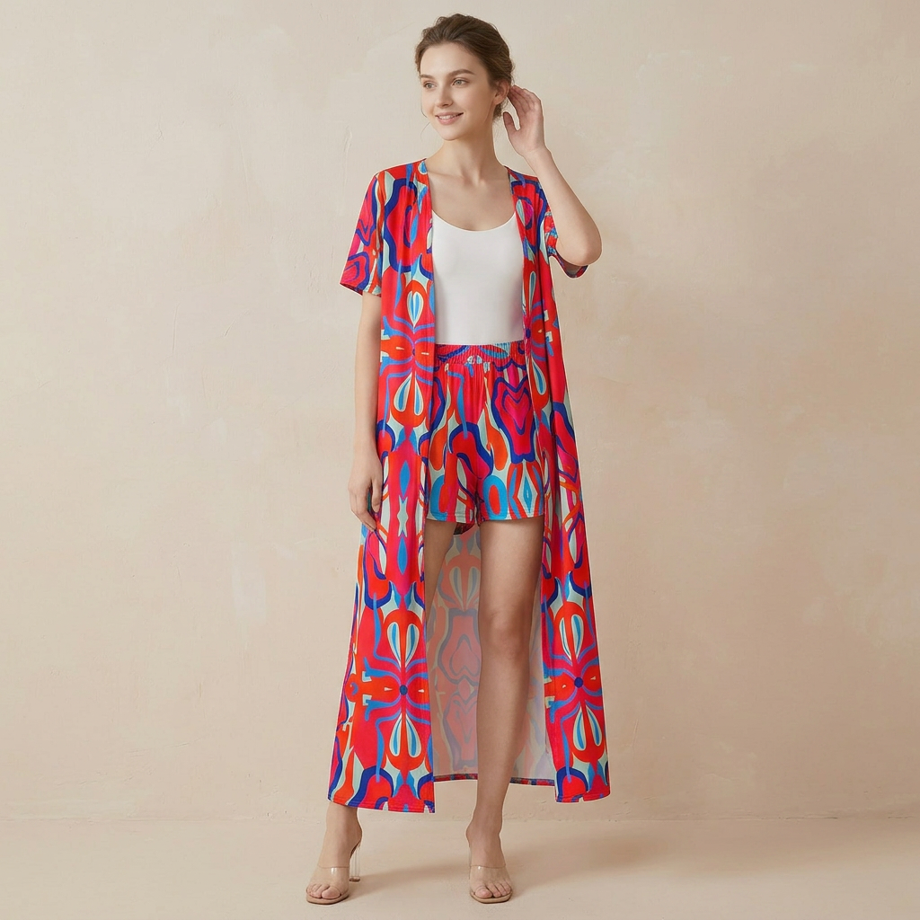 European-Inspired Cardigan Print Two-Piece Set